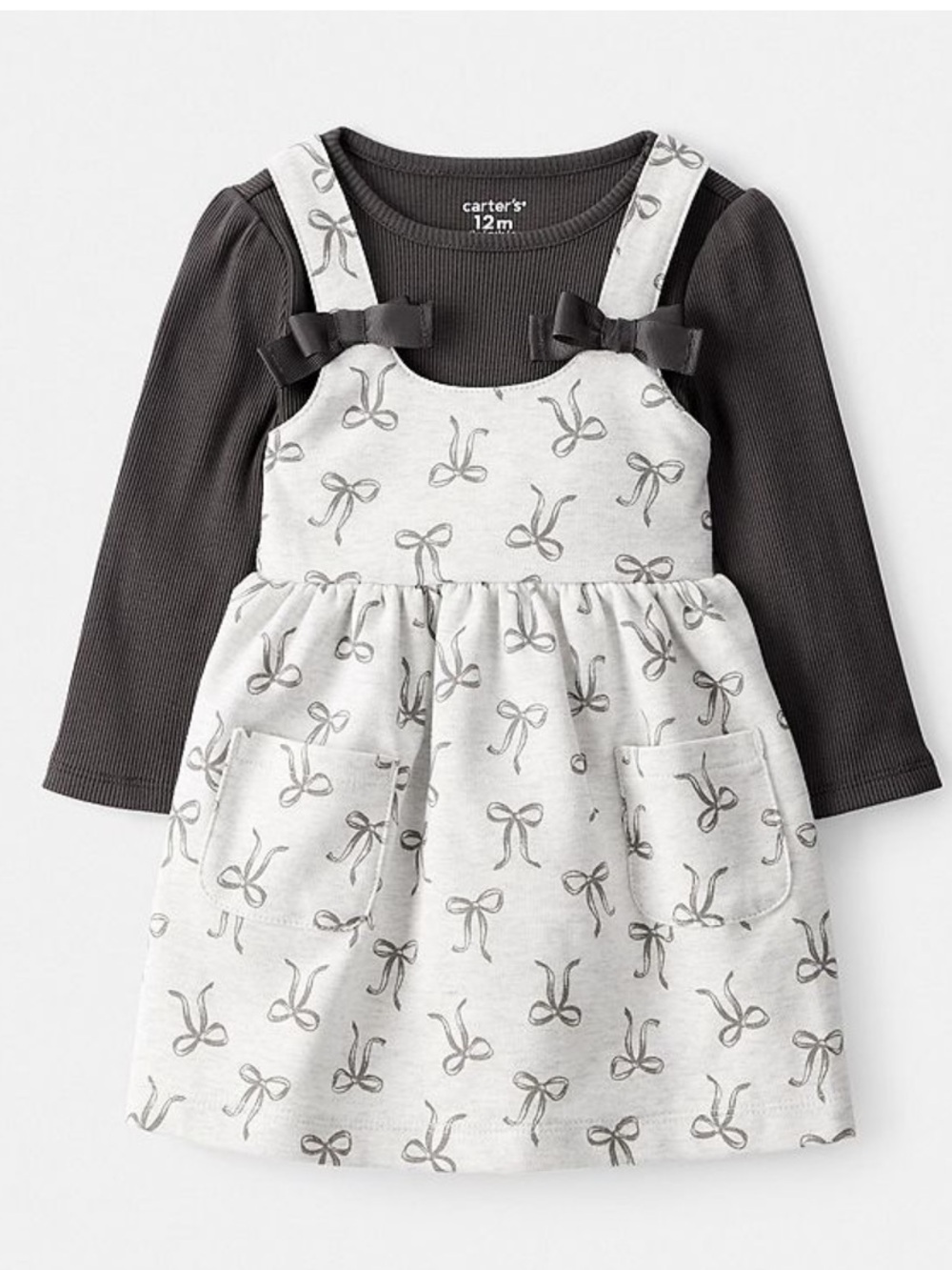 3T Toddler Carter's Gray Bow Print Pinafore Dress with Long-Sleeve Top
